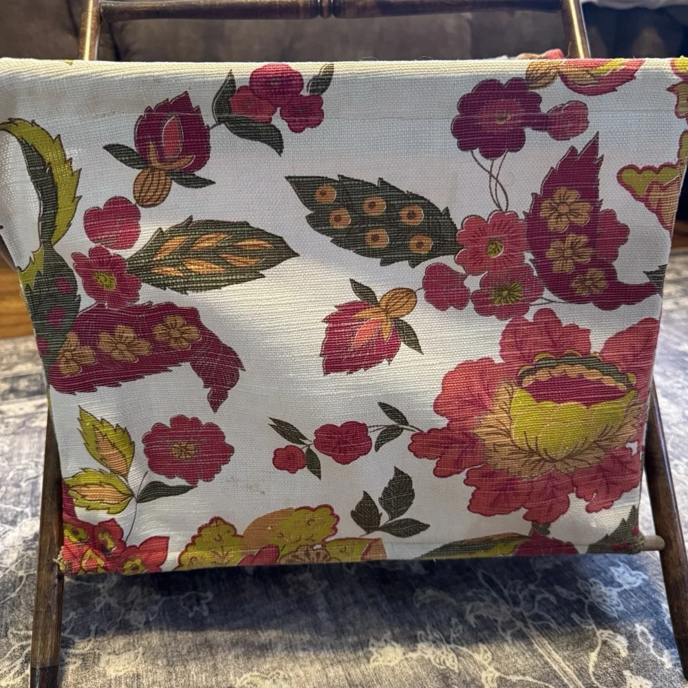 Vtg‎ Sewing Caddy Tote Knitting Basket Yarn Stand Wood Frame Floral *See Pics*